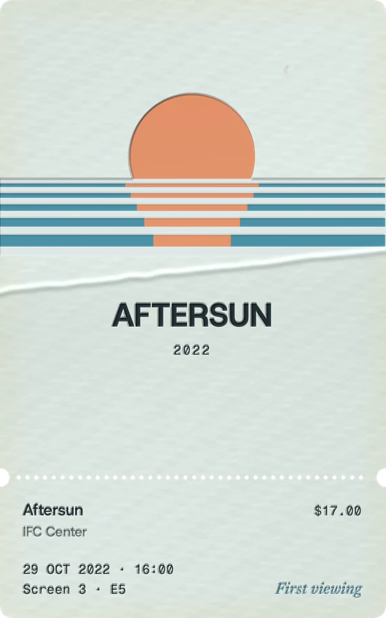 Aftersun, October 2022: a sun setting into a striped sea, lightly worn.