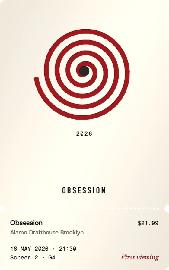 Obsession, May 2026: a red spiral on cream, still crisp.
