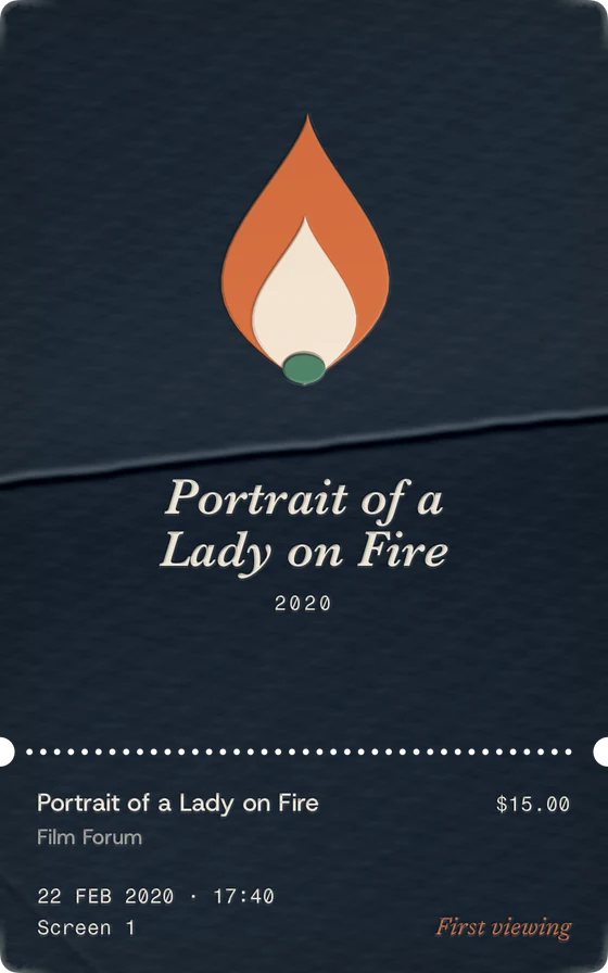 Portrait of a Lady on Fire, February 2020: a flame on navy, a fold across it.